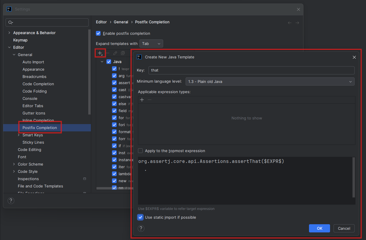 IntelliJ Postfix Completion Template Configuration
